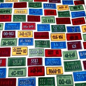 Cotton Sewing Fabric Colorful License Plates Print Car Man Cave Crafts 34.5"